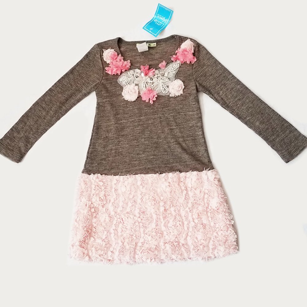 Little Mass Long Sleeves Little Girls Dress Brown Pink Rosettes‎ Lace Trim sz 5